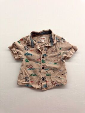 Cat & Jack Beige Short-Sleeve Button Shirt with Colorful Dinosaur Print